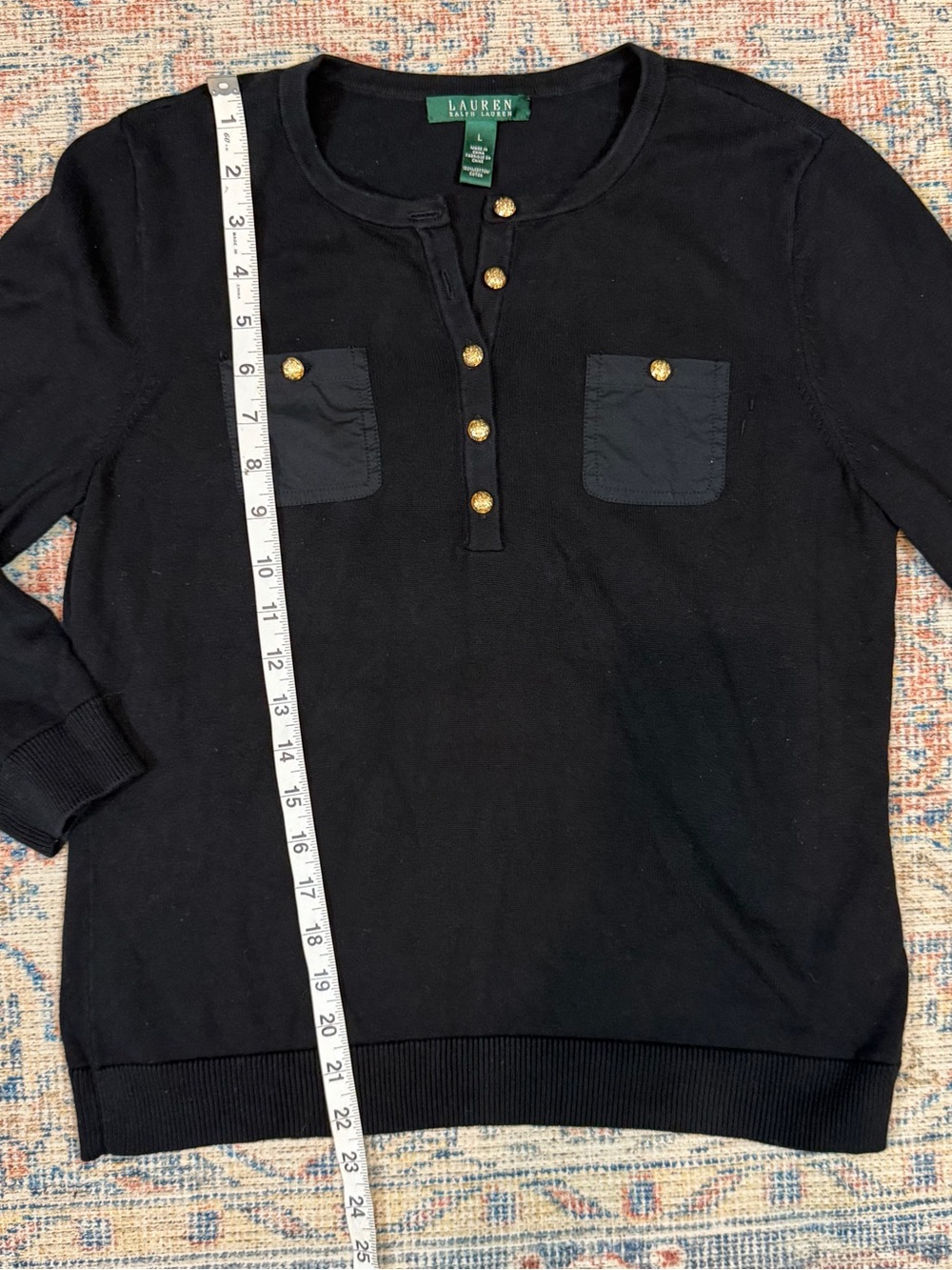 Lauren Ralph Lauren Black Cotton Henley Sweater Womens L Gold Crest Buttons - Picture 7 of 10
